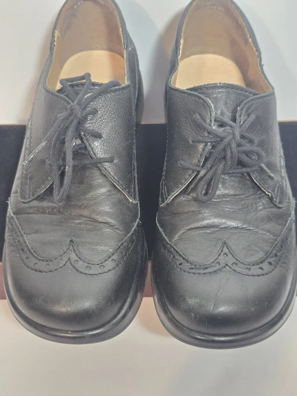 Vintage Black Leather Platform Oxford Shoes Wingtip Brogue Lace Up Women Size 37